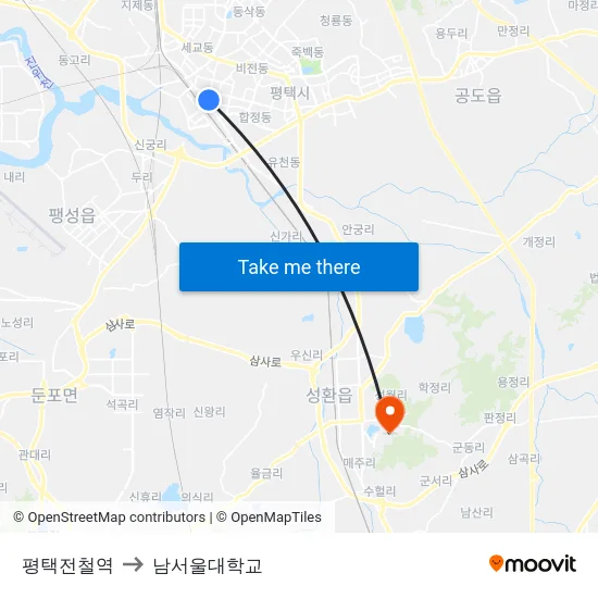 평택전철역 to 남서울대학교 map