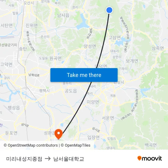 미리내성지종점 to 남서울대학교 map