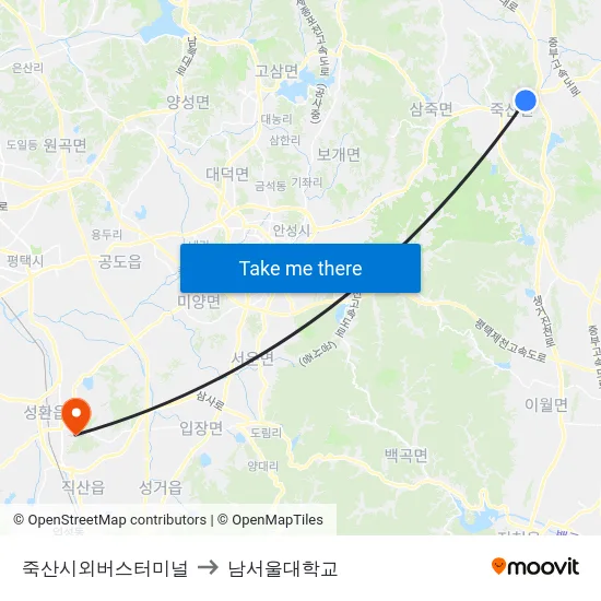 죽산시외버스터미널 to 남서울대학교 map