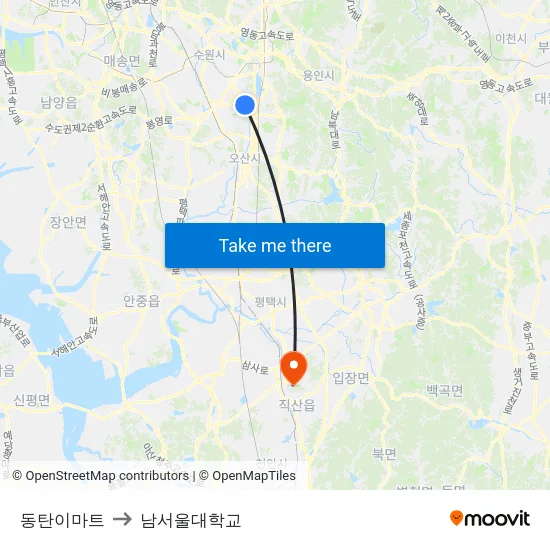 동탄이마트 to 남서울대학교 map