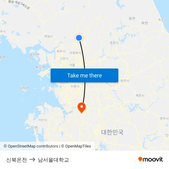 신북온천 to 남서울대학교 map