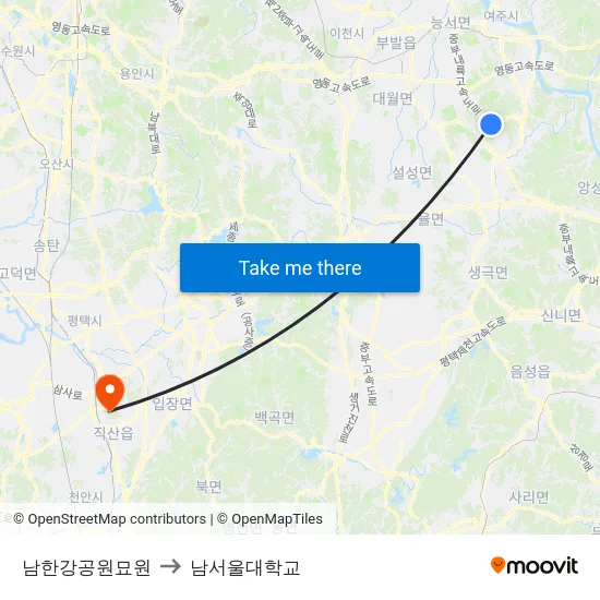 남한강공원묘원 to 남서울대학교 map