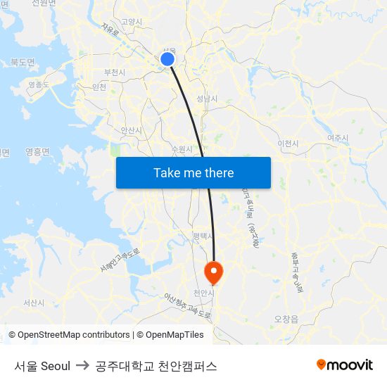 서울 Seoul to 공주대학교 천안캠퍼스 map