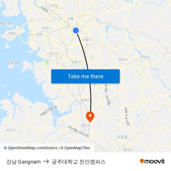 강남 Gangnam to 공주대학교 천안캠퍼스 map