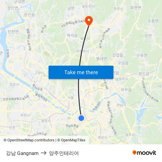 강남 Gangnam to 양주인테리어 map