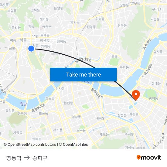 명동역 to 송파구 map