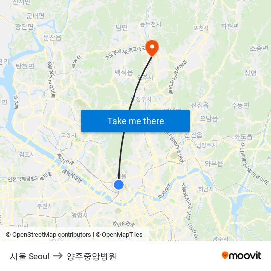 서울 Seoul to 양주중앙병원 map