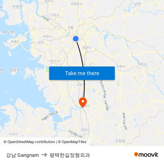 강남 Gangnam to 평택한길정형외과 map