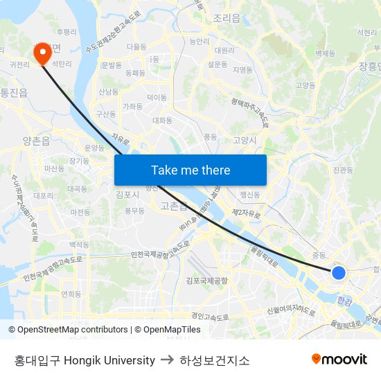 홍대입구 Hongik University to 하성보건지소 map