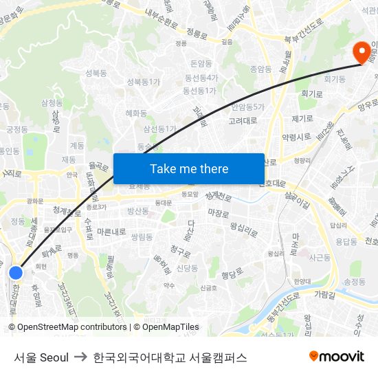 서울 Seoul to 한국외국어대학교 서울캠퍼스 map