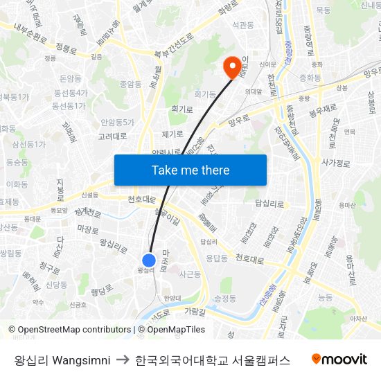 왕십리 Wangsimni to 한국외국어대학교 서울캠퍼스 map