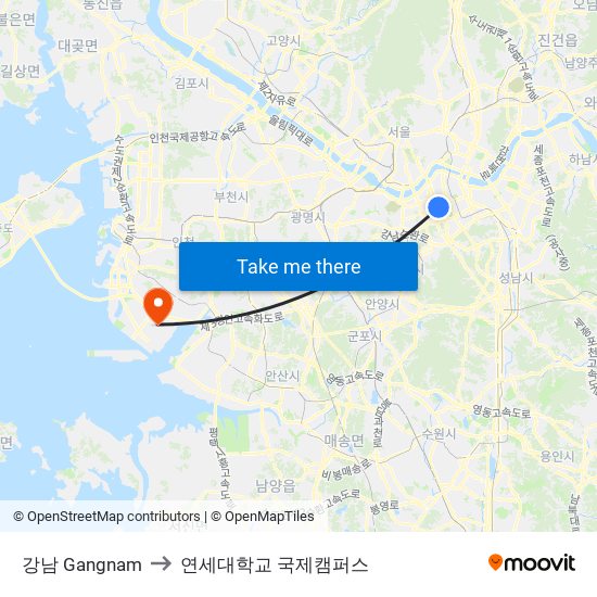 강남 Gangnam to 연세대학교 국제캠퍼스 map