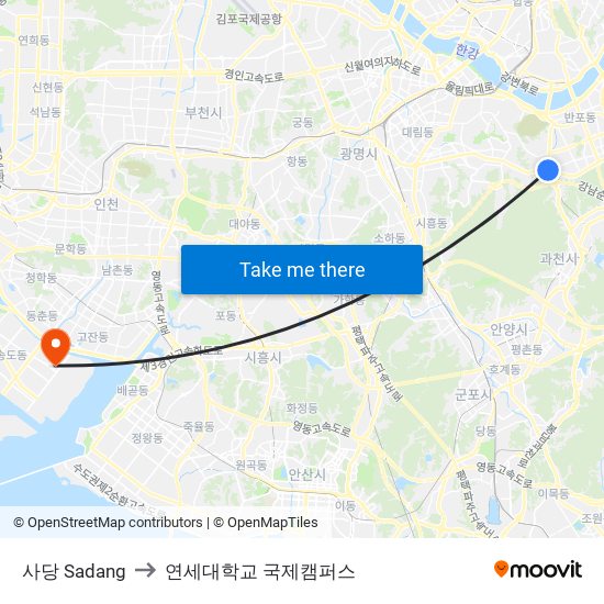 사당 Sadang to 연세대학교 국제캠퍼스 map