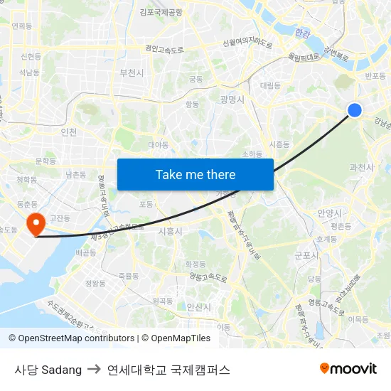 사당 Sadang to 연세대학교 국제캠퍼스 map