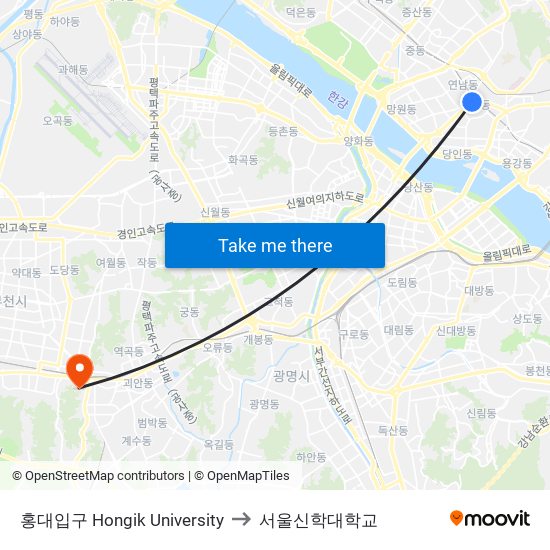 홍대입구 Hongik University to 서울신학대학교 map
