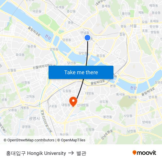 홍대입구 Hongik University to 별관 map