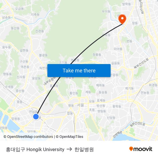 홍대입구 Hongik University to 한일병원 map