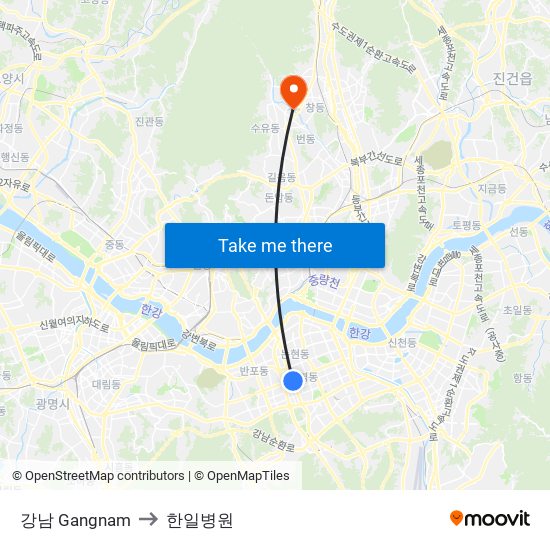 강남 Gangnam to 한일병원 map