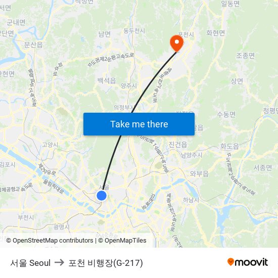 서울 Seoul to 포천 비행장(G-217) map