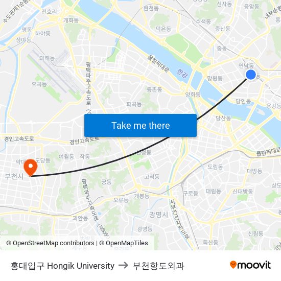 홍대입구 Hongik University to 부천항도외과 map