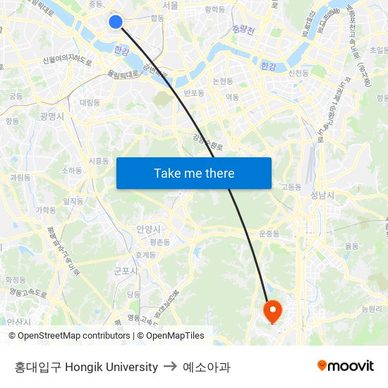 홍대입구 Hongik University to 예소아과 map