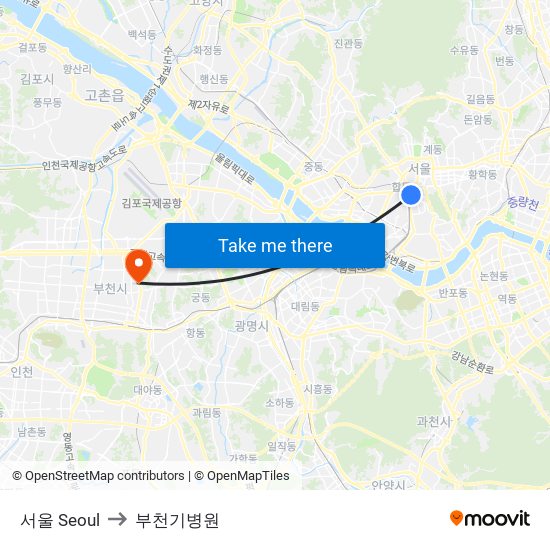 서울 Seoul to 부천기병원 map