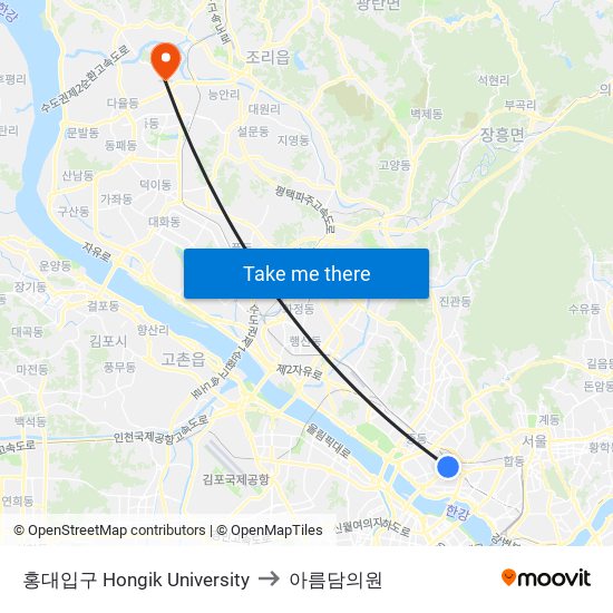 홍대입구 Hongik University to 아름담의원 map