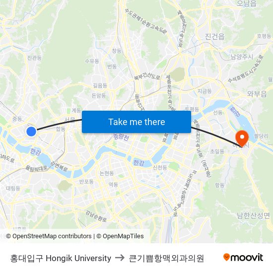 홍대입구 Hongik University to 큰기쁨항맥외과의원 map