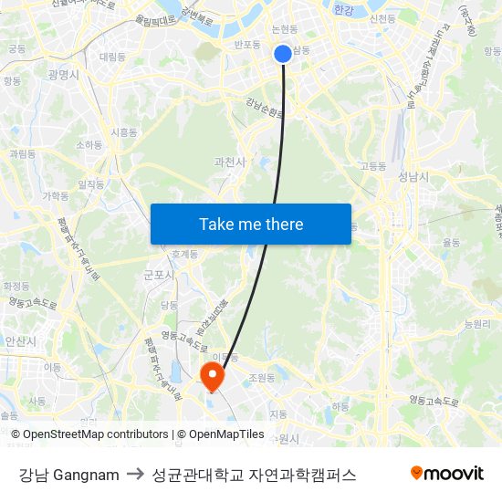 강남 Gangnam to 성균관대학교 자연과학캠퍼스 map