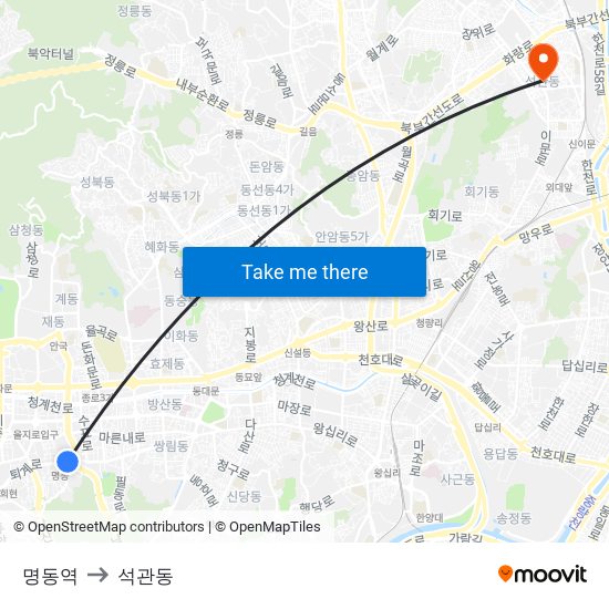 명동역 to 석관동 map