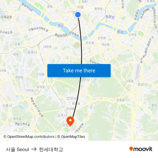 서울 Seoul to 한세대학교 map