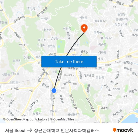 서울 Seoul to 성균관대학교 인문사회과학캠퍼스 map