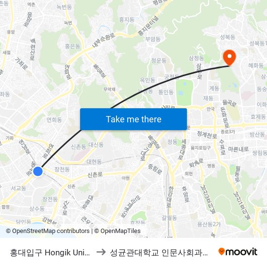 홍대입구 Hongik University to 성균관대학교 인문사회과학캠퍼스 map