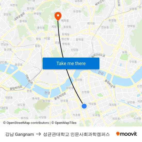 강남 Gangnam to 성균관대학교 인문사회과학캠퍼스 map