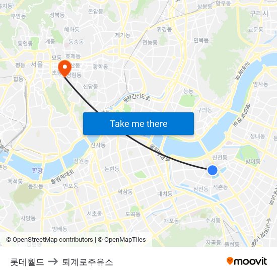 롯데월드 to 퇴계로주유소 map