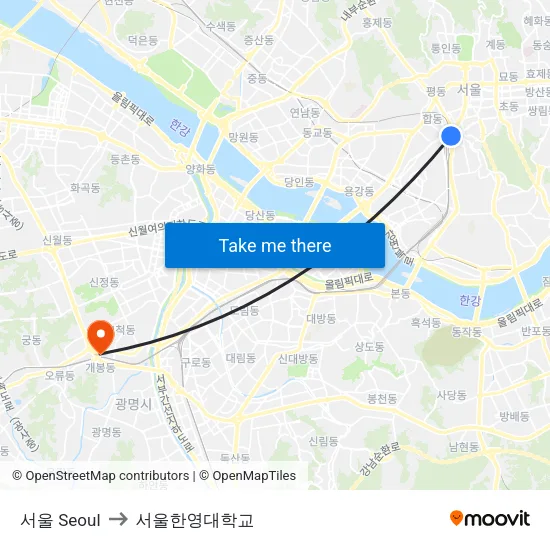서울 Seoul to 서울한영대학교 map