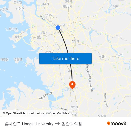 홍대입구 Hongik University to 김안과의원 map