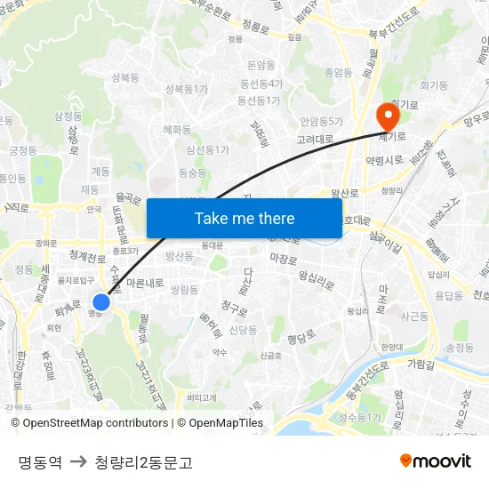 명동역 to 청량리2동문고 map