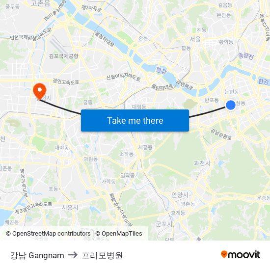 강남 Gangnam to 프리모병원 map