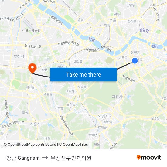 강남 Gangnam to 우성산부인과의원 map