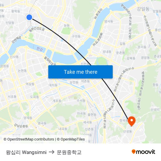 왕십리 Wangsimni to 문원중학교 map