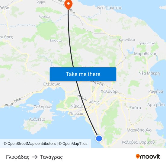 Γλυφάδας to Τανάγρας map