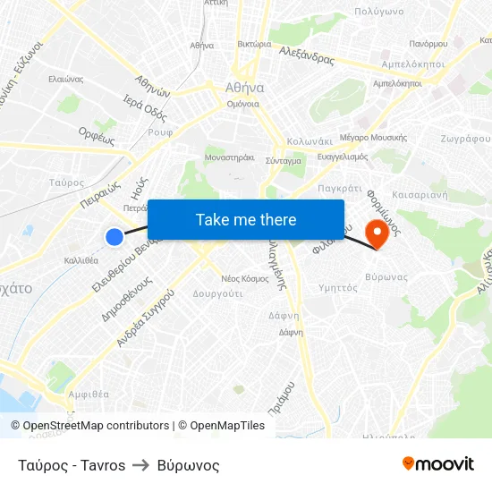 Ταύρος - Tavros to Βύρωνος map