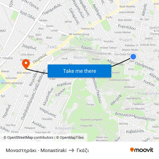 Μοναστηράκι - Monastiraki to Γκάζι map