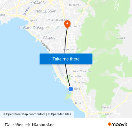 Γλυφάδας to Ηλιούπολης map