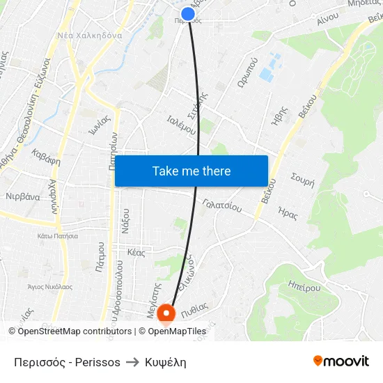 Περισσός - Perissos to Κυψέλη map
