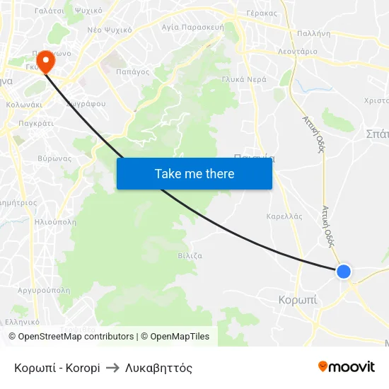 Κορωπί - Koropi to Λυκαβηττός map