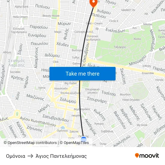 Ομόνοια to Άγιος Παντελεήμονας map