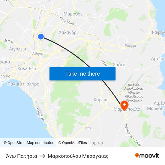 Άνω Πατήσια to Μαρκοπούλου Μεσογαίας map