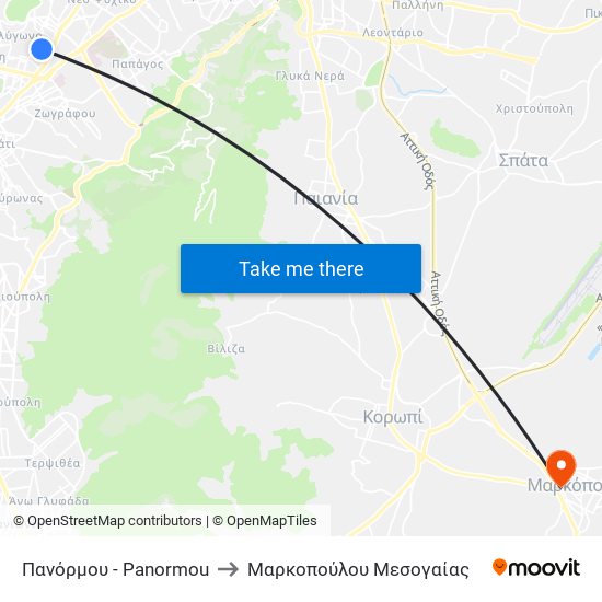 Πανόρμου - Panormou to Μαρκοπούλου Μεσογαίας map